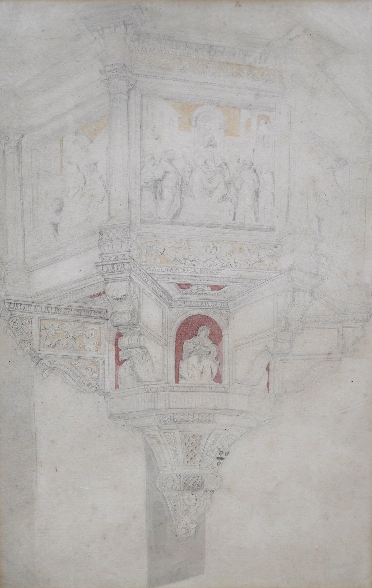 Alfred George Stevens (1817-1875), pencil and watercolour, Study of a font, unsigned, 39 x 25cm. Condition - poor to fair